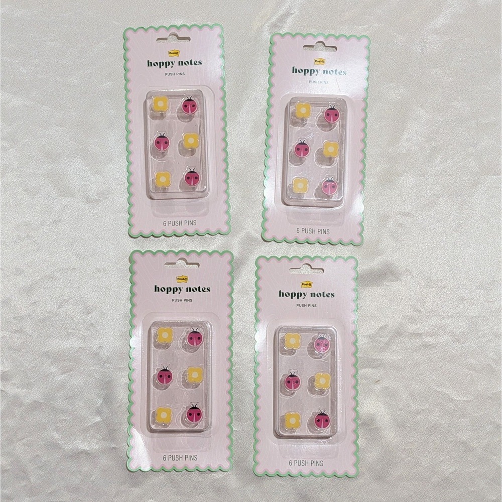New Post-it Ladybug and Yellow Flower Push Pins 4-Pack (24 Push Pins)